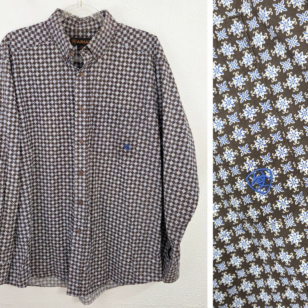 Men's Ariat Classic Fit button down western Shirt brown blue mosaic geometric L